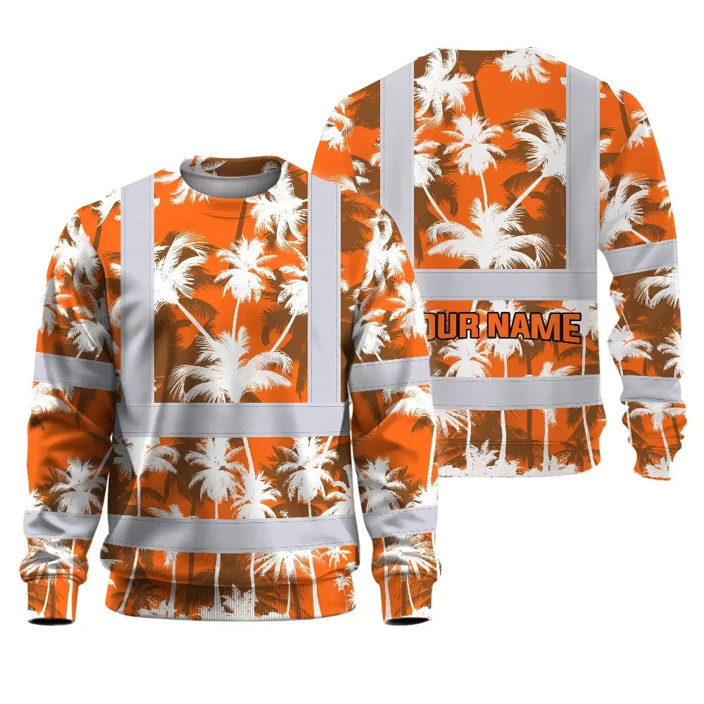 Hi Vis Long Sleeve Shirt Reflective Tapes Orange Neon Flowers Custom Name Safety Workwear For Workers, Truckers, Operators