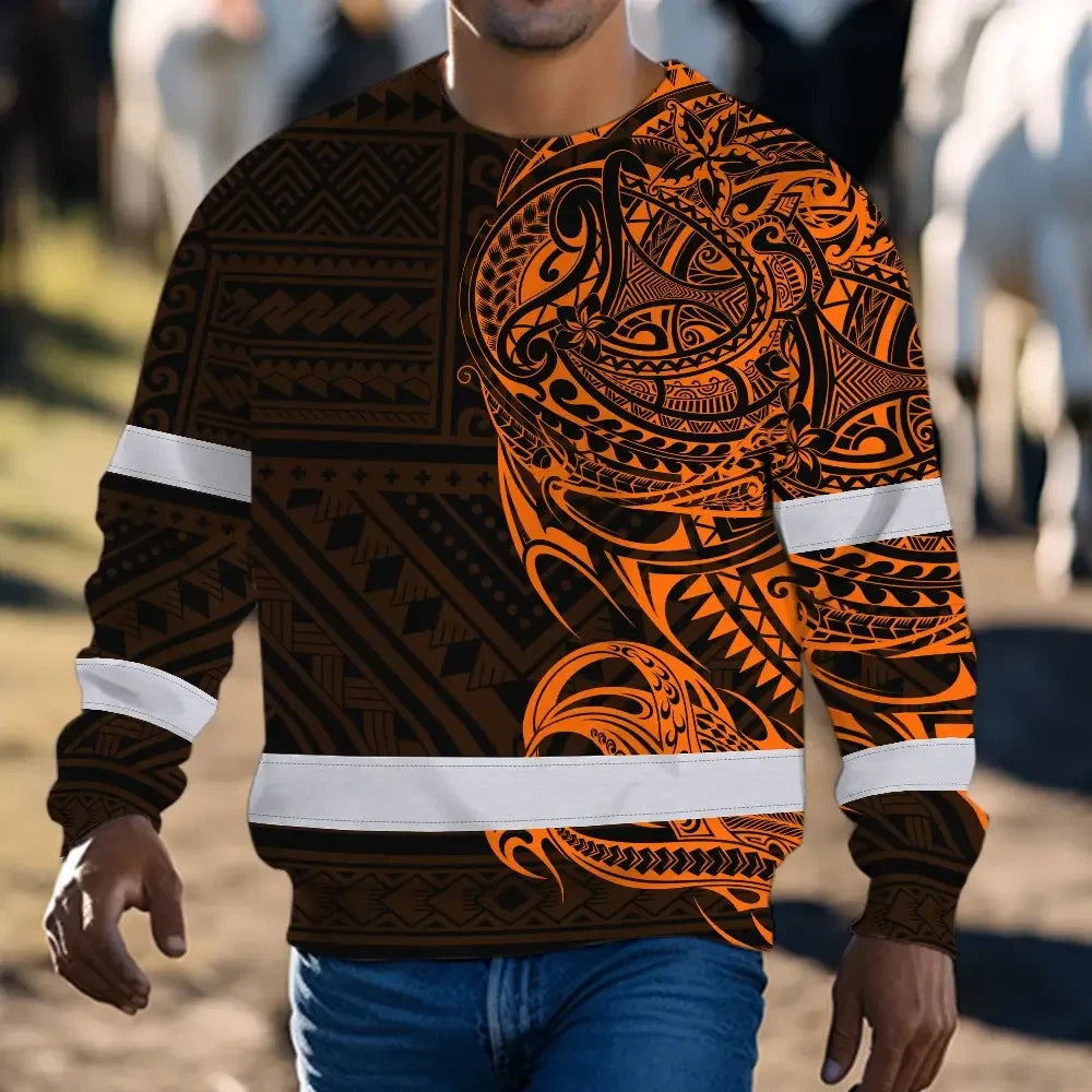 Hi Vis Long Sleeve Shirt Reflective Tapes Orange Neon Hawaiian Polynesian Tribal Custom Name