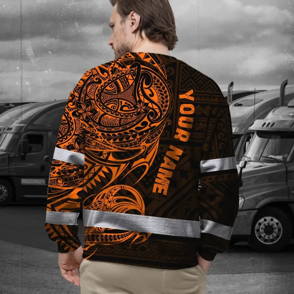 Hi Vis Long Sleeve Shirt Reflective Tapes Orange Neon Hawaiian Polynesian Tribal Custom Name