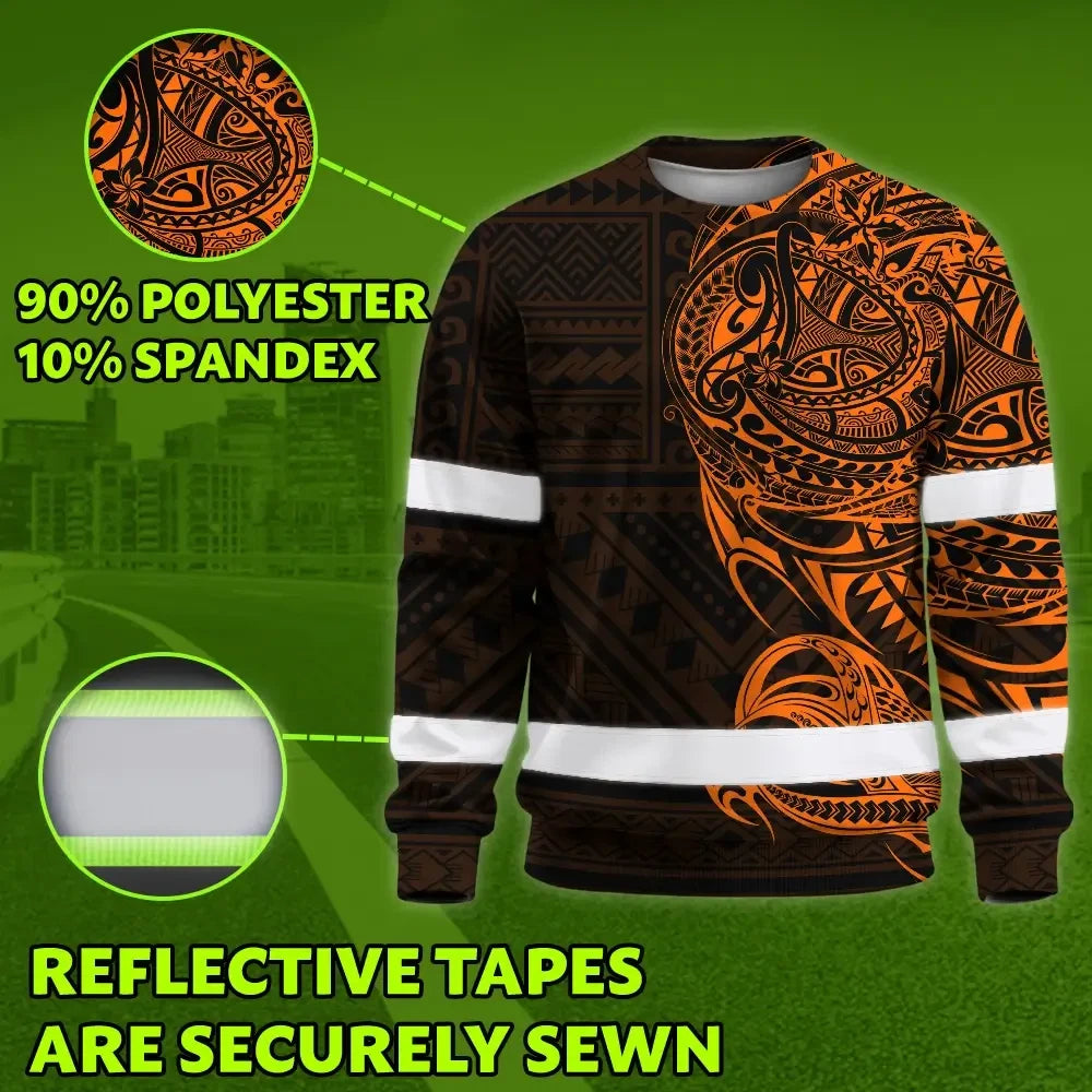 Hi Vis Long Sleeve Shirt Reflective Tapes Orange Neon Hawaiian Polynesian Tribal Custom Name