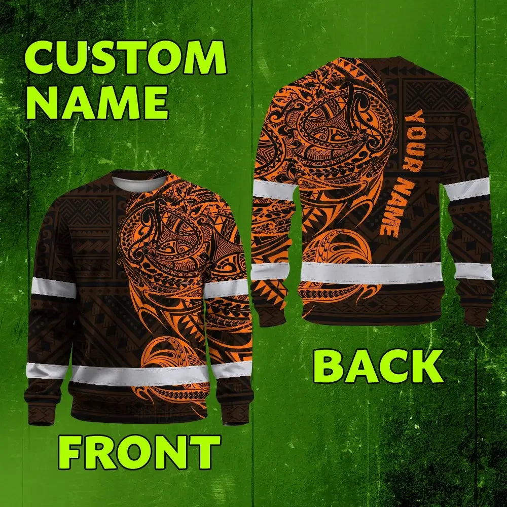 Hi Vis Long Sleeve Shirt Reflective Tapes Orange Neon Hawaiian Polynesian Tribal Custom Name