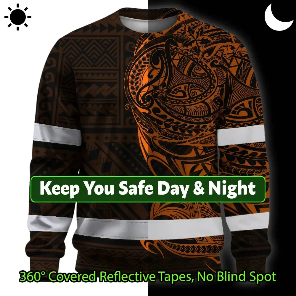 Hi Vis Long Sleeve Shirt Reflective Tapes Orange Neon Hawaiian Polynesian Tribal Custom Name