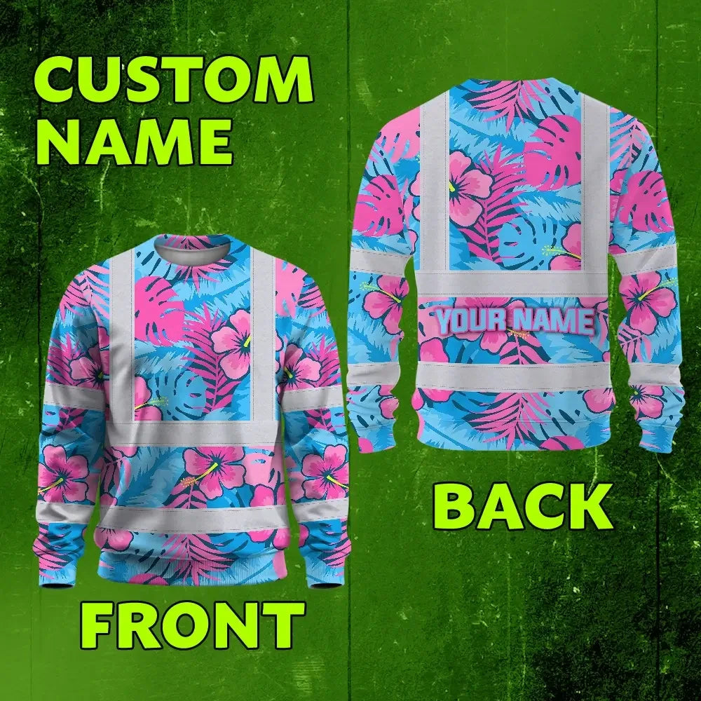 Hi Vis Long Sleeve Shirt Reflective Tapes Pink Neon And Blue Flowers Custom Name Safety Workwear For Workers, Truckers, Operators