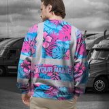 Hi Vis Long Sleeve Shirt Reflective Tapes Pink Neon And Blue Flowers Custom Name Safety Workwear For Workers, Truckers, Operators