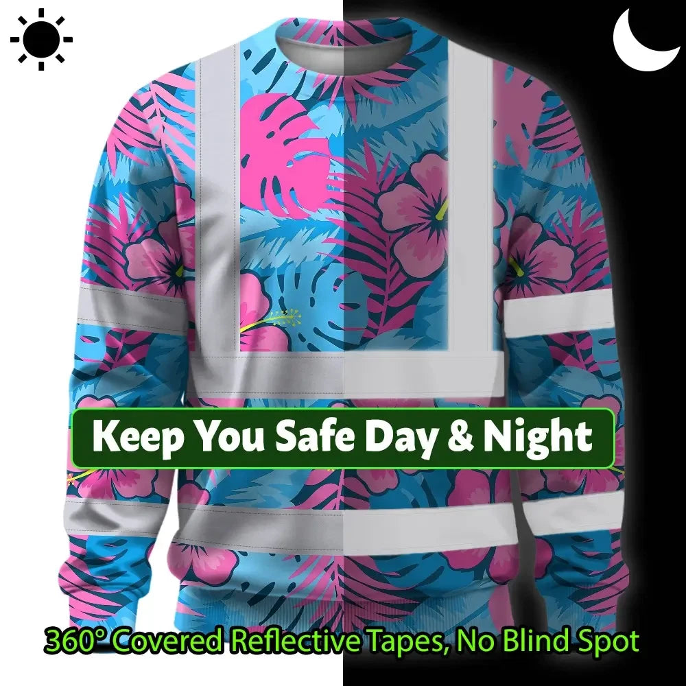 Hi Vis Long Sleeve Shirt Reflective Tapes Pink Neon And Blue Flowers Custom Name Safety Workwear For Workers, Truckers, Operators