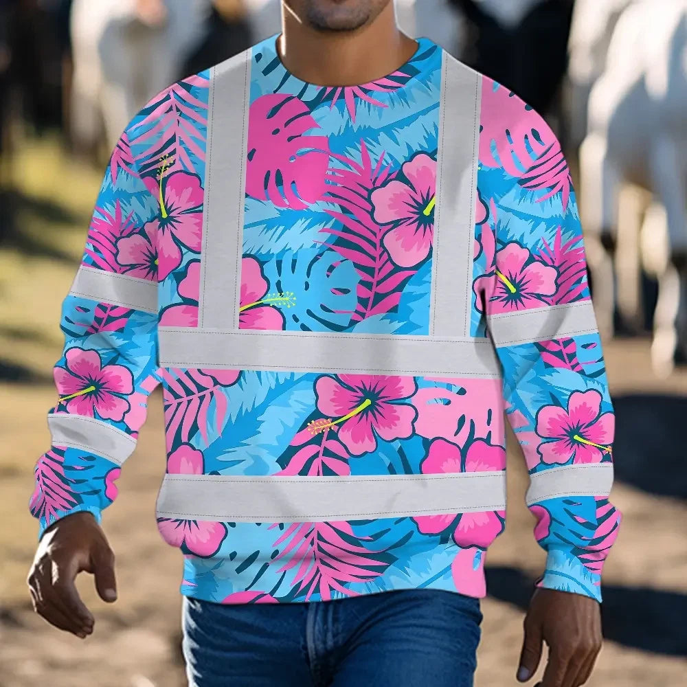 Hi Vis Long Sleeve Shirt Reflective Tapes Pink Neon And Blue Flowers Custom Name Safety Workwear For Workers, Truckers, Operators