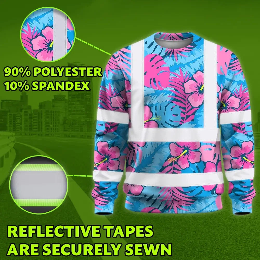 Hi Vis Long Sleeve Shirt Reflective Tapes Pink Neon And Blue Flowers Custom Name Safety Workwear For Workers, Truckers, Operators