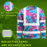 Hi Vis Long Sleeve Shirt Reflective Tapes Pink Neon And Blue Flowers Custom Name Safety Workwear For Workers, Truckers, Operators