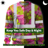 Hi Vis Long Sleeve Shirt Reflective Tapes Pink Neon And Lime Flowers Custom Name Safety Workwear For Workers, Truckers, Operators