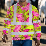 Hi Vis Long Sleeve Shirt Reflective Tapes Pink Neon And Lime Flowers Custom Name Safety Workwear For Workers, Truckers, Operators