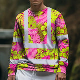 Hi Vis Long Sleeve Shirt Reflective Tapes Pink Neon And Lime Flowers Custom Name Safety Workwear For Workers, Truckers, Operators