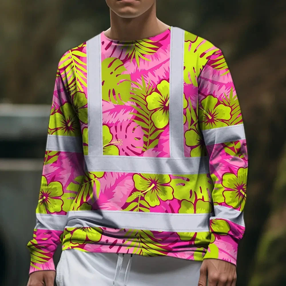 Hi Vis Long Sleeve Shirt Reflective Tapes Pink Neon And Lime Flowers Custom Name Safety Workwear For Workers, Truckers, Operators