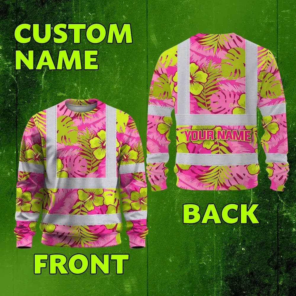 Hi Vis Long Sleeve Shirt Reflective Tapes Pink Neon And Lime Flowers Custom Name Safety Workwear For Workers, Truckers, Operators