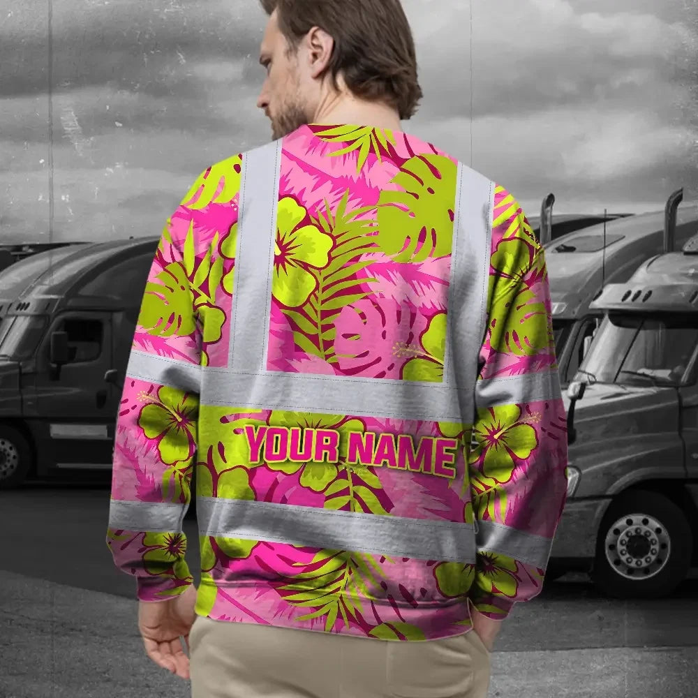 Hi Vis Long Sleeve Shirt Reflective Tapes Pink Neon And Lime Flowers Custom Name Safety Workwear For Workers, Truckers, Operators