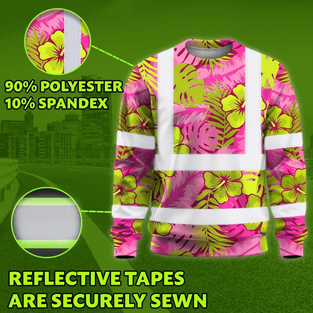 Hi Vis Long Sleeve Shirt Reflective Tapes Pink Neon And Lime Flowers Custom Name Safety Workwear For Workers, Truckers, Operators
