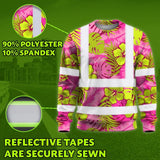 Hi Vis Long Sleeve Shirt Reflective Tapes Pink Neon And Lime Flowers Custom Name Safety Workwear For Workers, Truckers, Operators