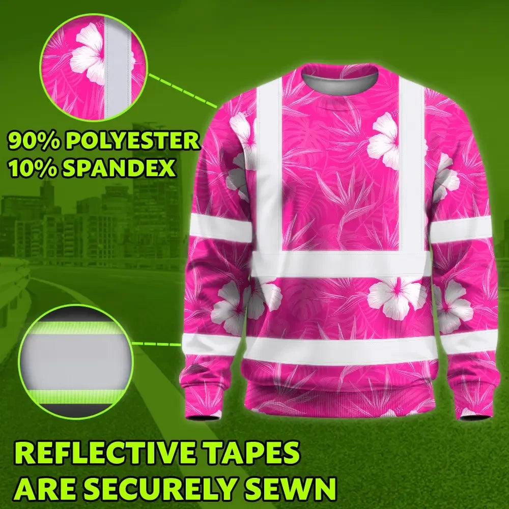 Hi Vis Long Sleeve Shirt Reflective Tapes Pink Neon Flowers Custom Name Safety Workwear For Workers, Truckers, Operators