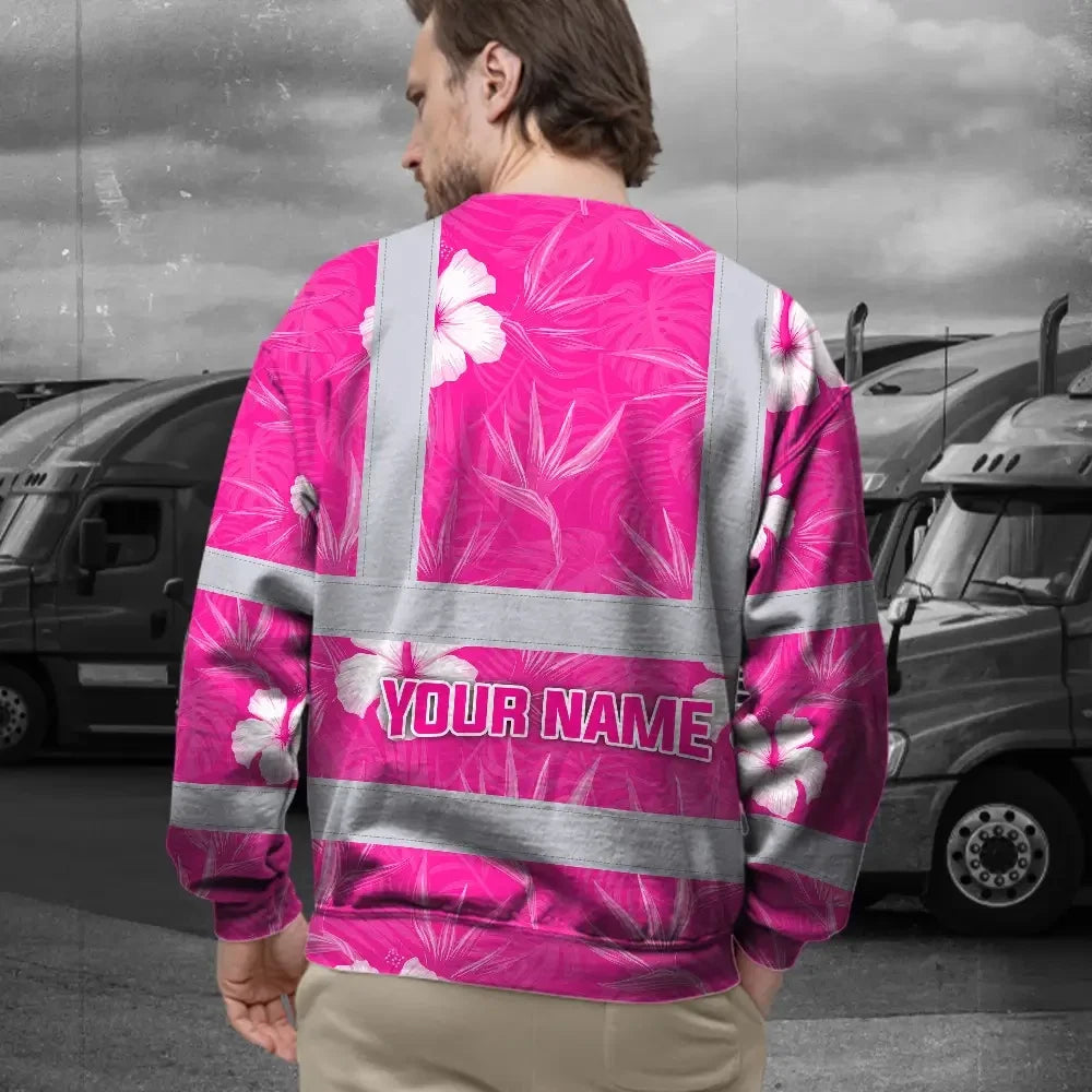 Hi Vis Long Sleeve Shirt Reflective Tapes Pink Neon Flowers Custom Name Safety Workwear For Workers, Truckers, Operators