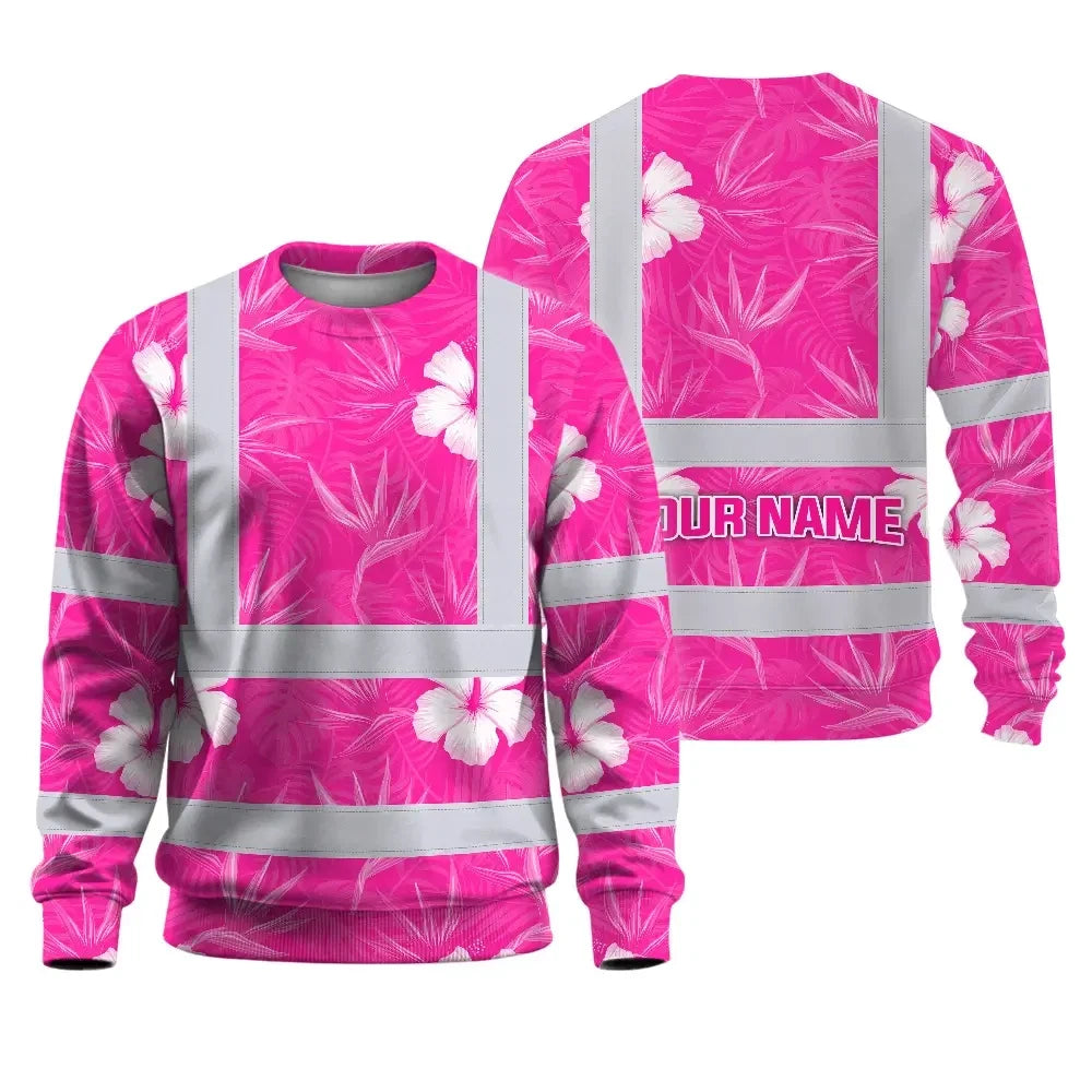 Hi Vis Long Sleeve Shirt Reflective Tapes Pink Neon Flowers Custom Name Safety Workwear For Workers, Truckers, Operators