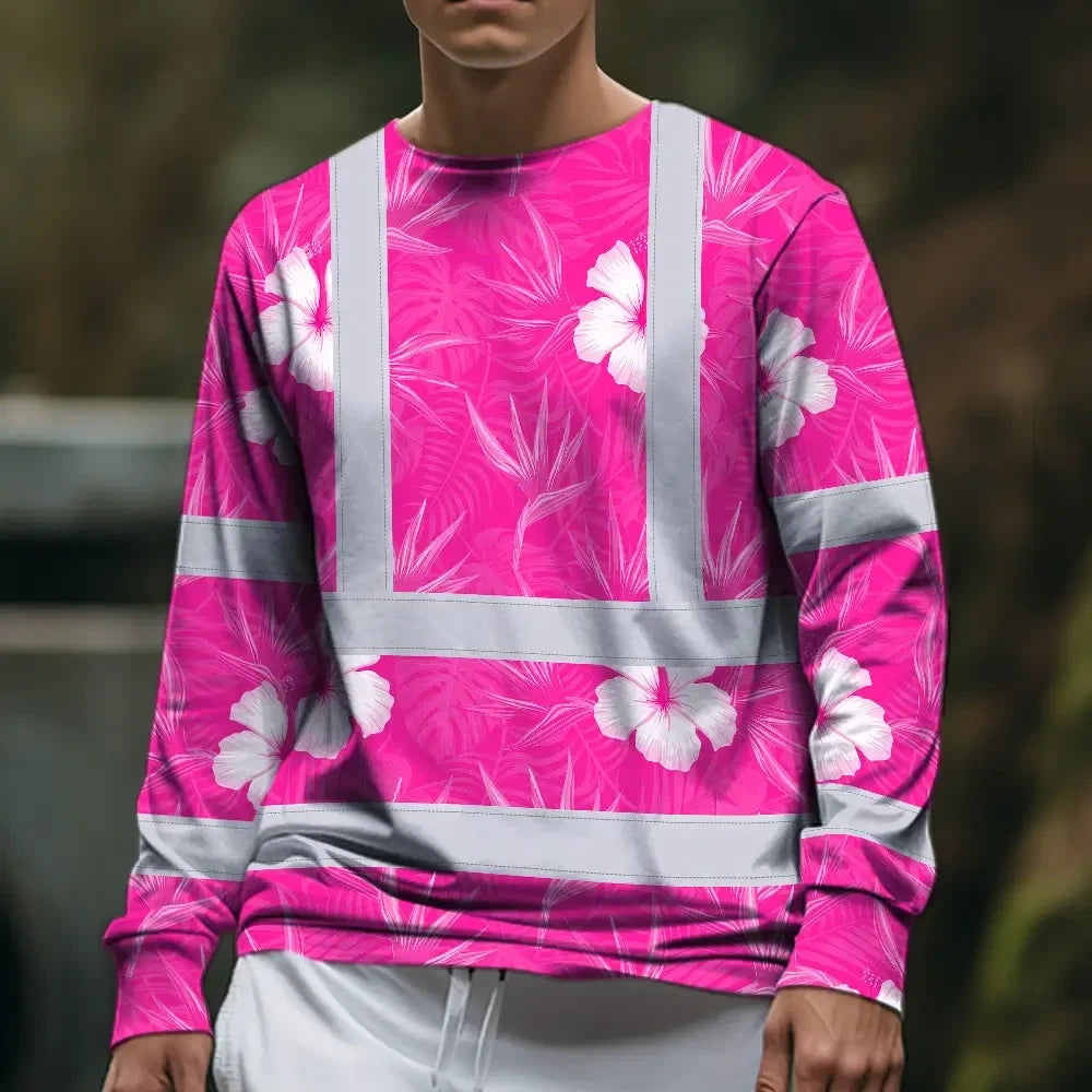 Hi Vis Long Sleeve Shirt Reflective Tapes Pink Neon Flowers Custom Name Safety Workwear For Workers, Truckers, Operators