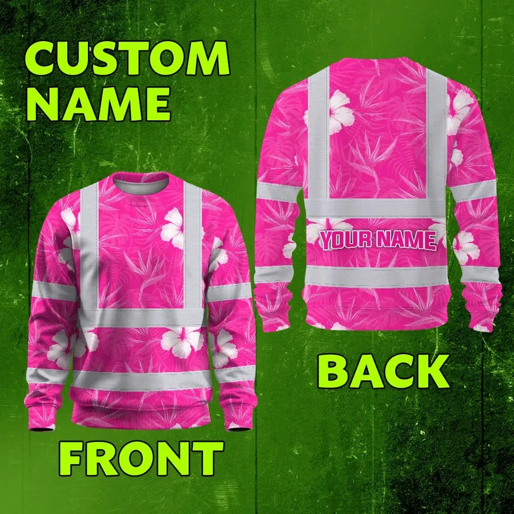 Hi Vis Long Sleeve Shirt Reflective Tapes Pink Neon Flowers Custom Name Safety Workwear For Workers, Truckers, Operators