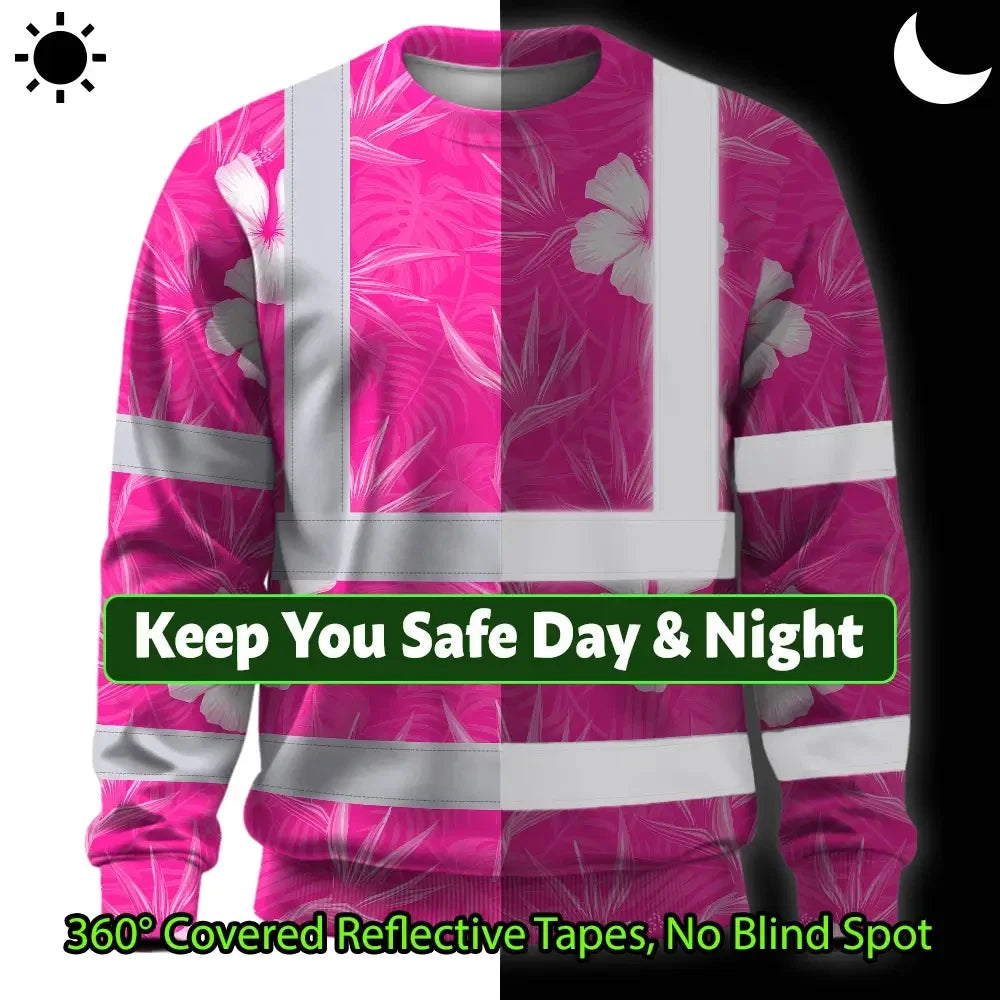 Hi Vis Long Sleeve Shirt Reflective Tapes Pink Neon Flowers Custom Name Safety Workwear For Workers, Truckers, Operators
