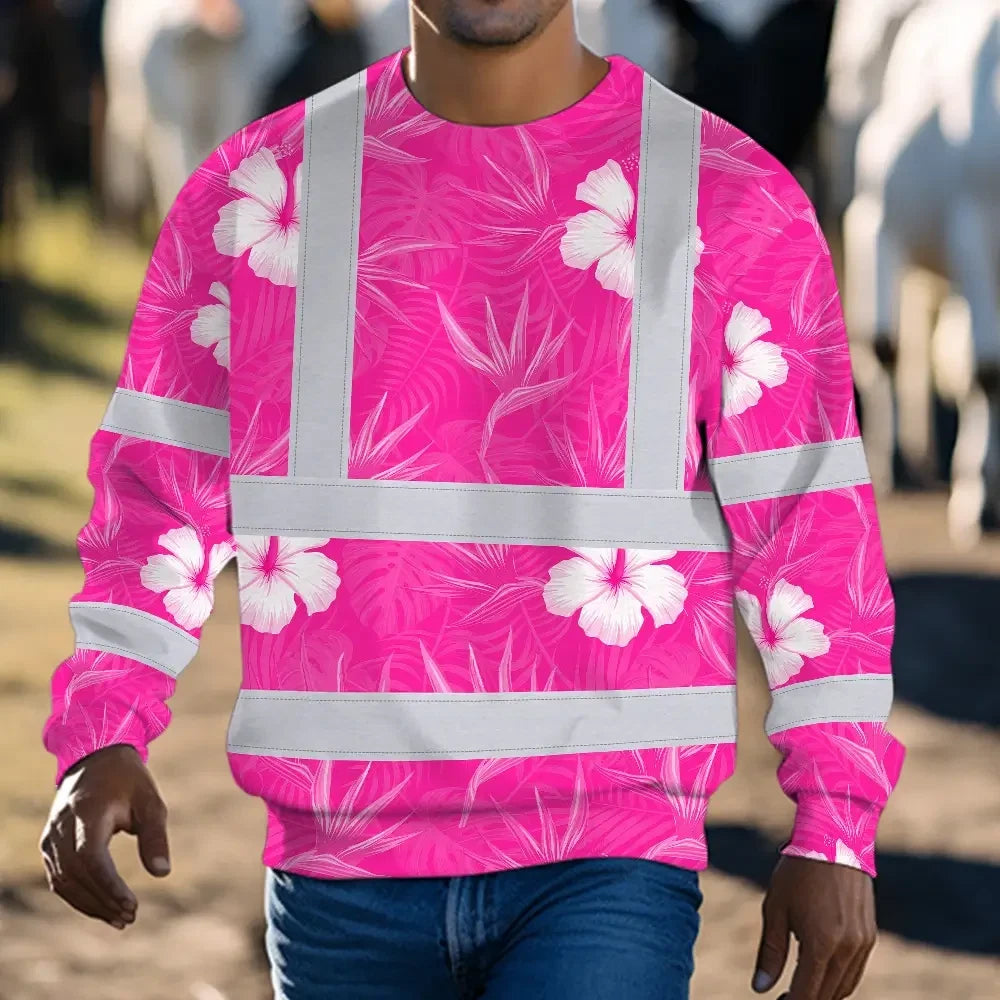 Hi Vis Long Sleeve Shirt Reflective Tapes Pink Neon Flowers Custom Name Safety Workwear For Workers, Truckers, Operators