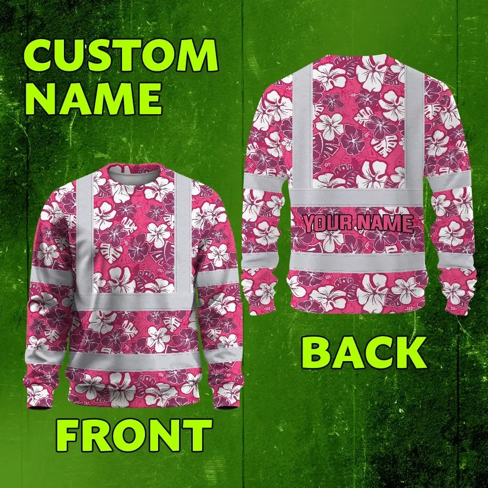 Hi Vis Long Sleeve Shirt Reflective Tapes Pink Violet Flowers Custom Name Safety Workwear For Workers, Truckers, Operators