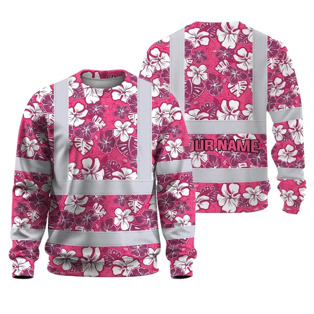 Hi Vis Long Sleeve Shirt Reflective Tapes Pink Violet Flowers Custom Name Safety Workwear For Workers, Truckers, Operators
