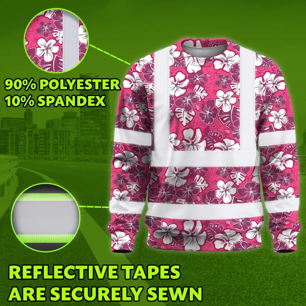 Hi Vis Long Sleeve Shirt Reflective Tapes Pink Violet Flowers Custom Name Safety Workwear For Workers, Truckers, Operators