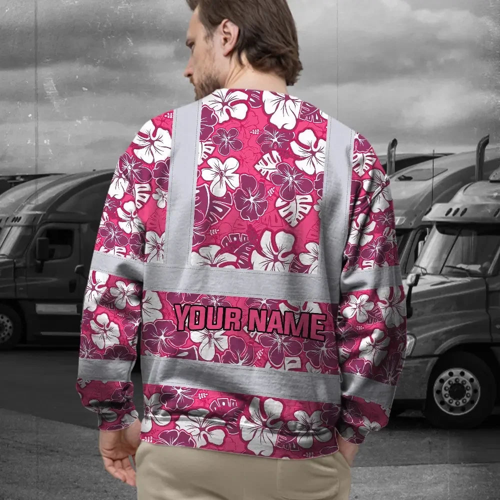 Hi Vis Long Sleeve Shirt Reflective Tapes Pink Violet Flowers Custom Name Safety Workwear For Workers, Truckers, Operators