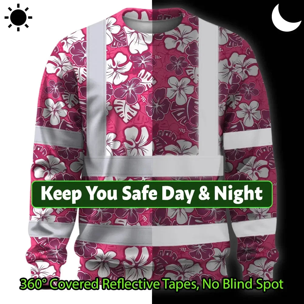 Hi Vis Long Sleeve Shirt Reflective Tapes Pink Violet Flowers Custom Name Safety Workwear For Workers, Truckers, Operators