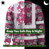 Hi Vis Long Sleeve Shirt Reflective Tapes Pink Violet Flowers Custom Name Safety Workwear For Workers, Truckers, Operators