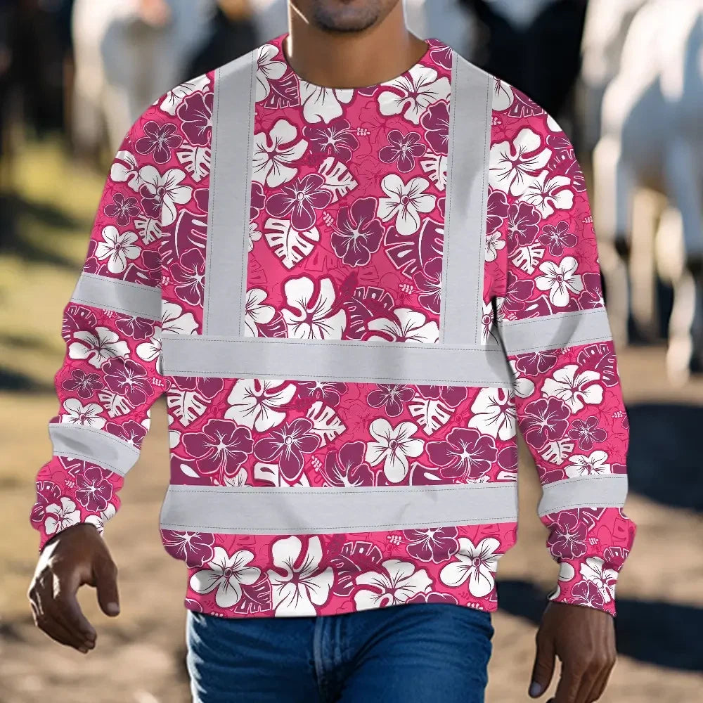 Hi Vis Long Sleeve Shirt Reflective Tapes Pink Violet Flowers Custom Name Safety Workwear For Workers, Truckers, Operators