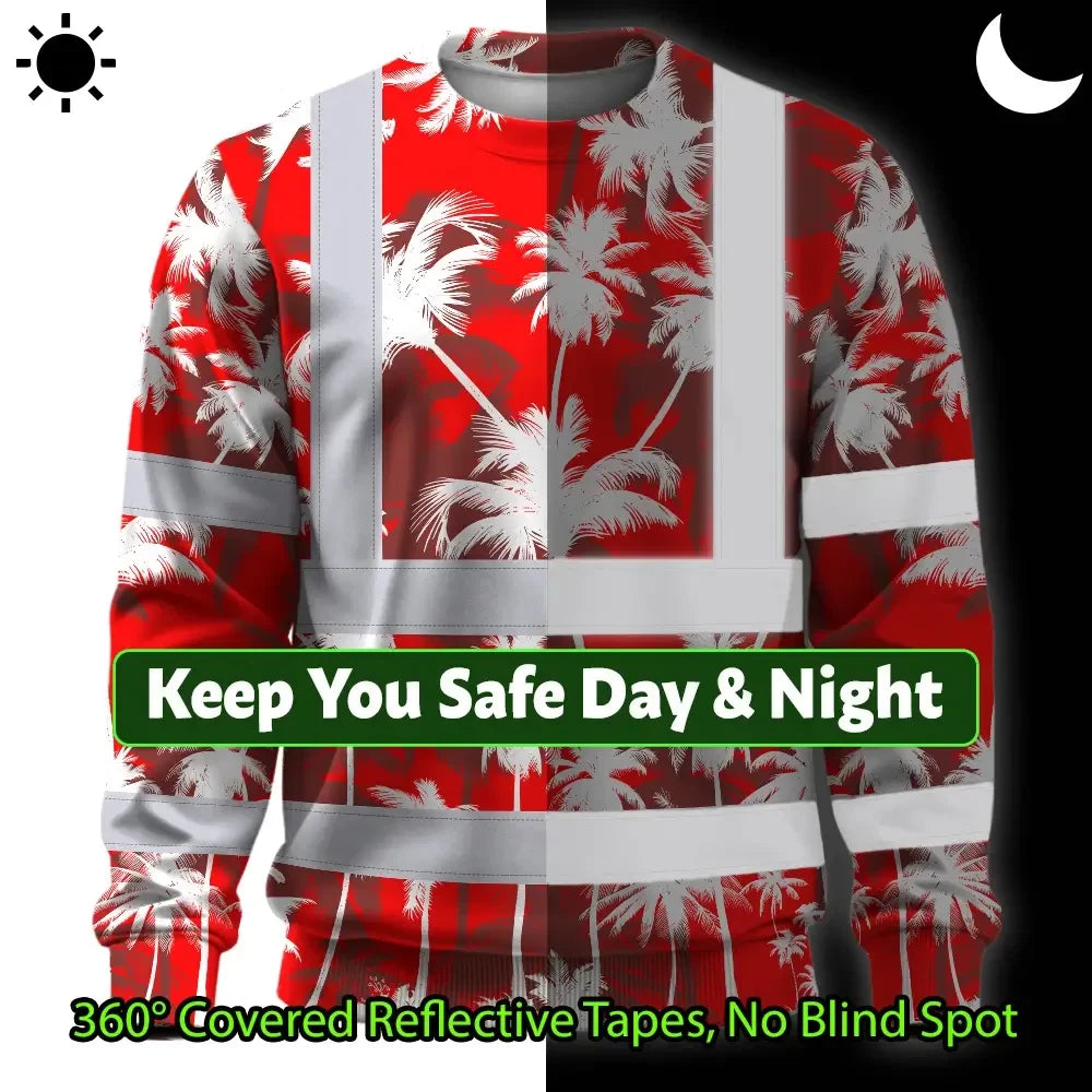 Hi Vis Long Sleeve Shirt Reflective Tapes Red Neon Flowers Custom Name Safety Workwear For Workers, Truckers, Operators