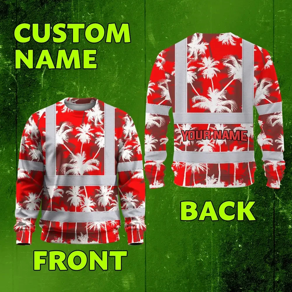 Hi Vis Long Sleeve Shirt Reflective Tapes Red Neon Flowers Custom Name Safety Workwear For Workers, Truckers, Operators