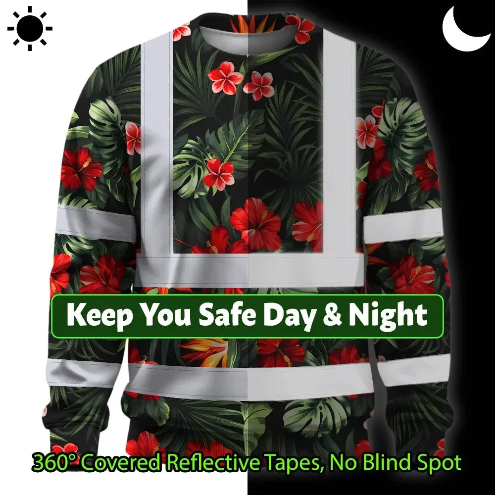 Hi Vis Long Sleeve Shirt Reflective Tapes Red Neon Flowers Custom Name Safety Workwear For Workers, Truckers, Operators