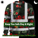 Hi Vis Long Sleeve Shirt Reflective Tapes Red Neon Flowers Custom Name Safety Workwear For Workers, Truckers, Operators