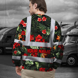 Hi Vis Long Sleeve Shirt Reflective Tapes Red Neon Flowers Custom Name Safety Workwear For Workers, Truckers, Operators