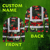 Hi Vis Long Sleeve Shirt Reflective Tapes Red Neon Flowers Custom Name Safety Workwear For Workers, Truckers, Operators