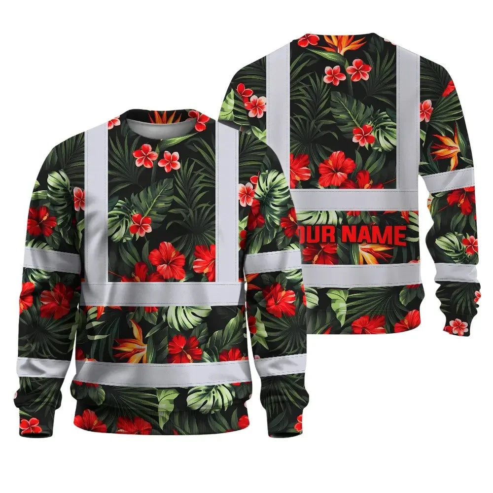 Hi Vis Long Sleeve Shirt Reflective Tapes Red Neon Flowers Custom Name Safety Workwear For Workers, Truckers, Operators