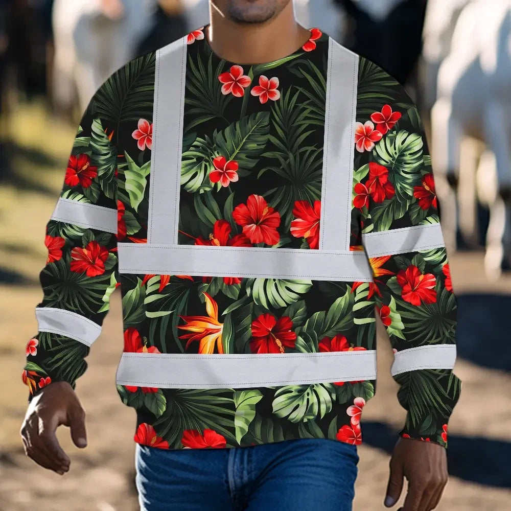 Hi Vis Long Sleeve Shirt Reflective Tapes Red Neon Flowers Custom Name Safety Workwear For Workers, Truckers, Operators