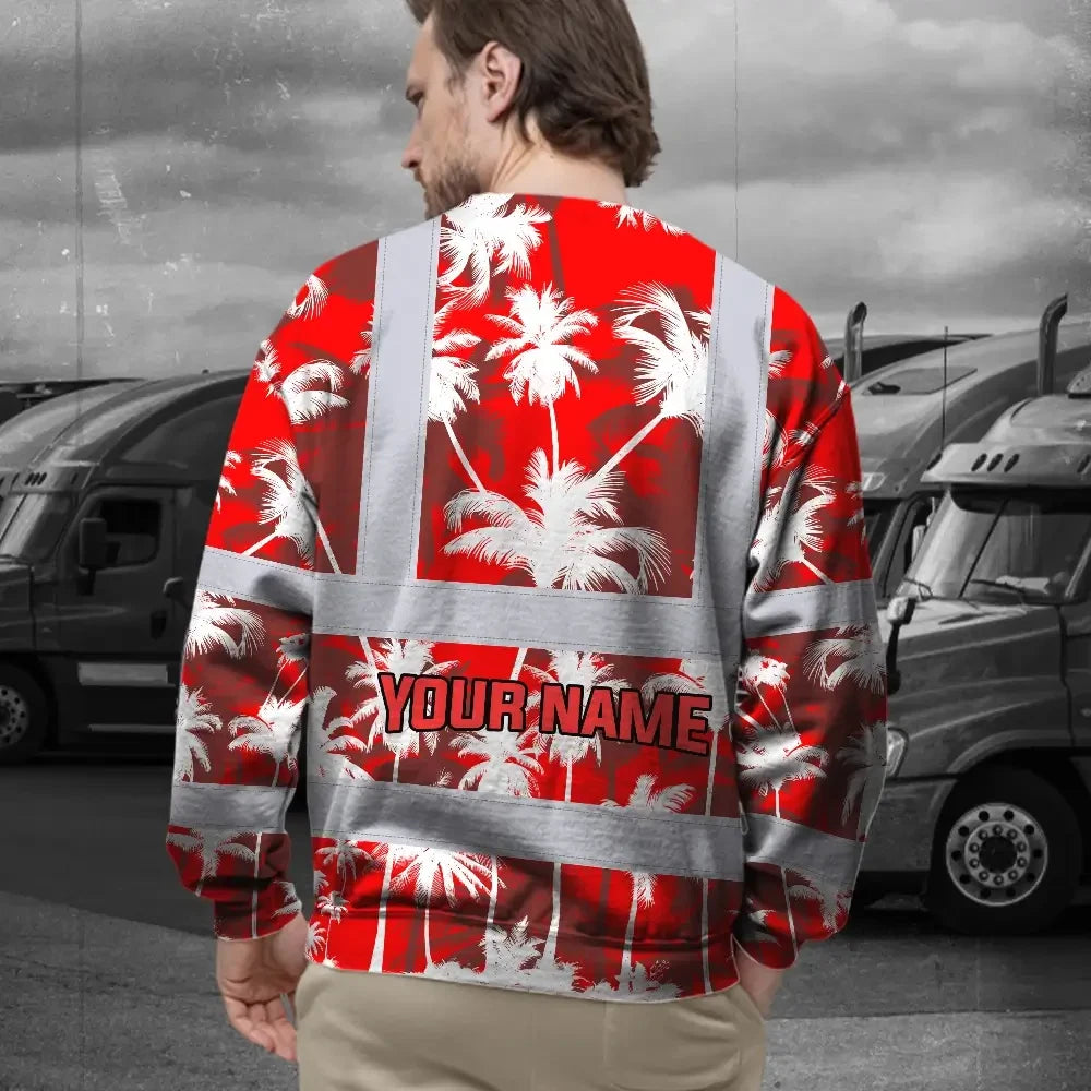 Hi Vis Long Sleeve Shirt Reflective Tapes Red Neon Flowers Custom Name Safety Workwear For Workers, Truckers, Operators