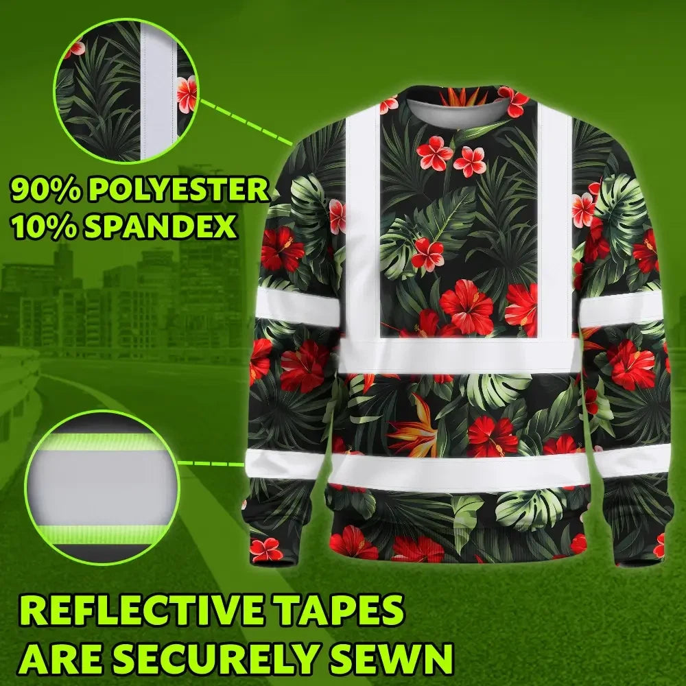 Hi Vis Long Sleeve Shirt Reflective Tapes Red Neon Flowers Custom Name Safety Workwear For Workers, Truckers, Operators