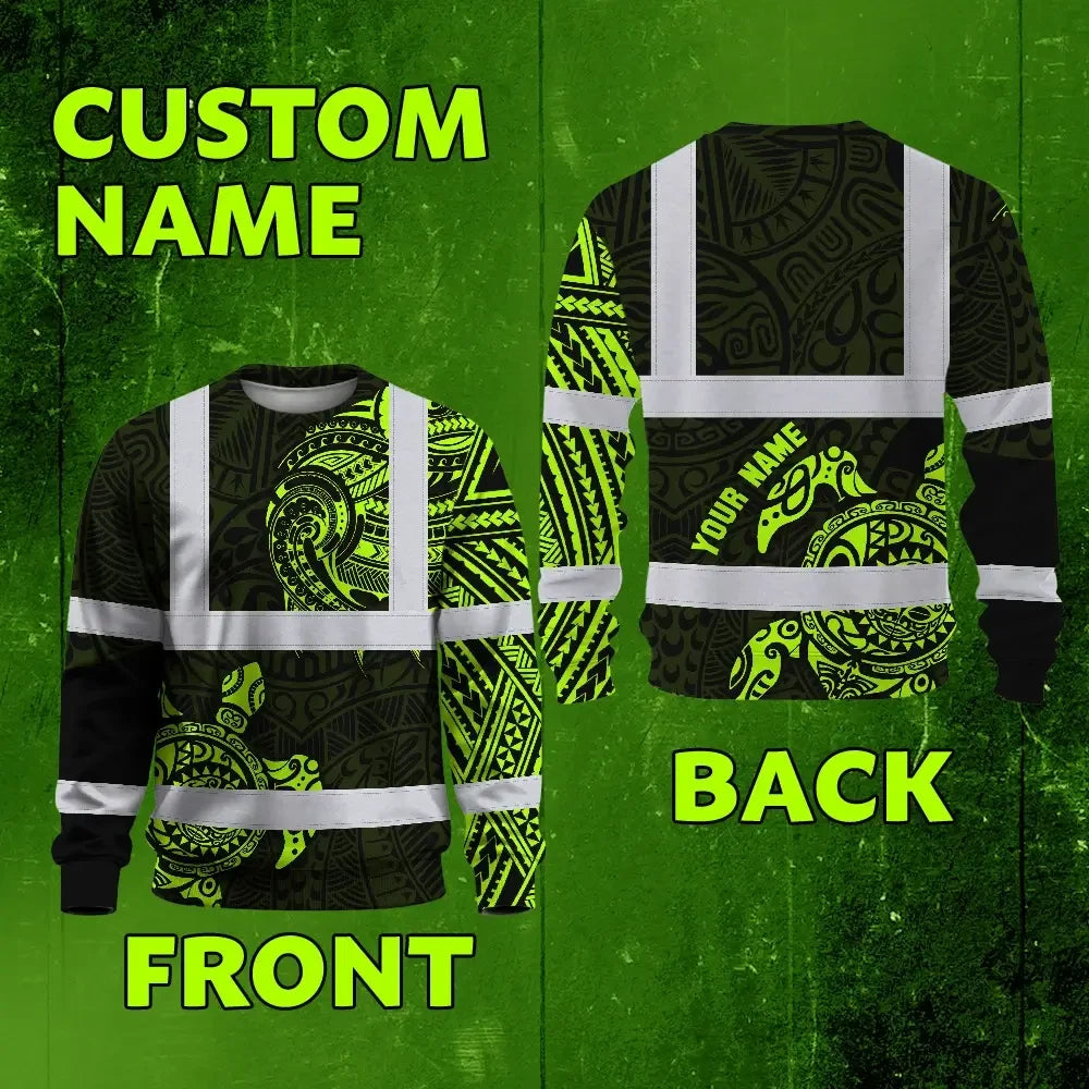 Hi Vis Long Sleeve Shirt Reflective Tapes Sea Turtle Hawaiian Polynesian Tribal Custom Name