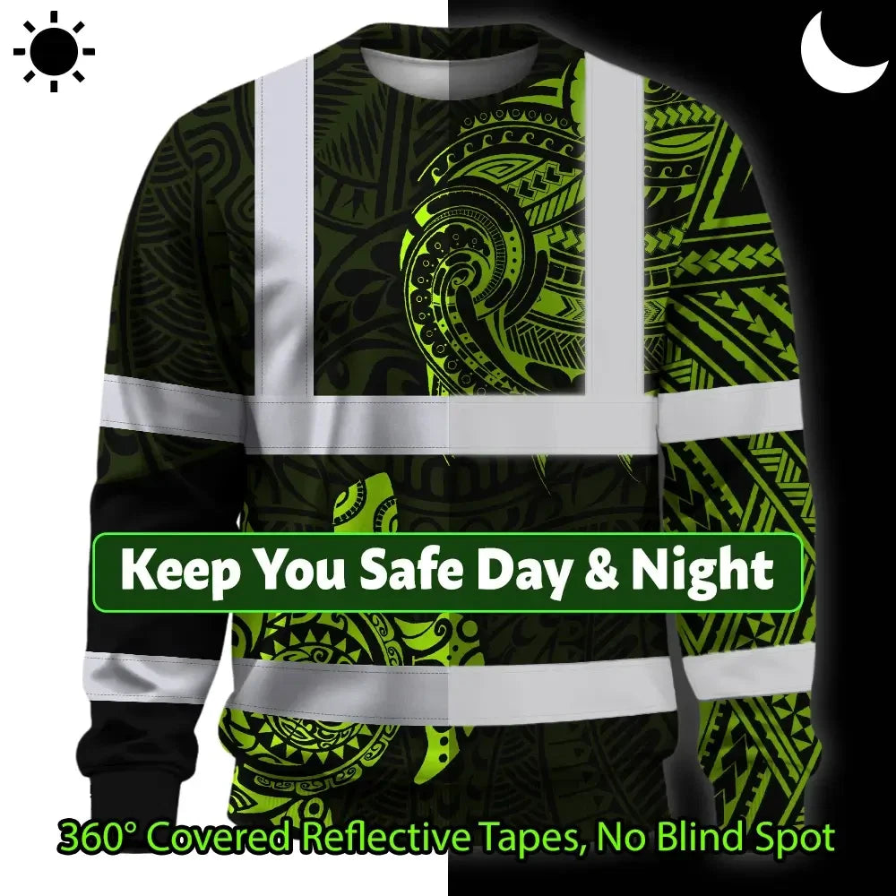 Hi Vis Long Sleeve Shirt Reflective Tapes Sea Turtle Hawaiian Polynesian Tribal Custom Name