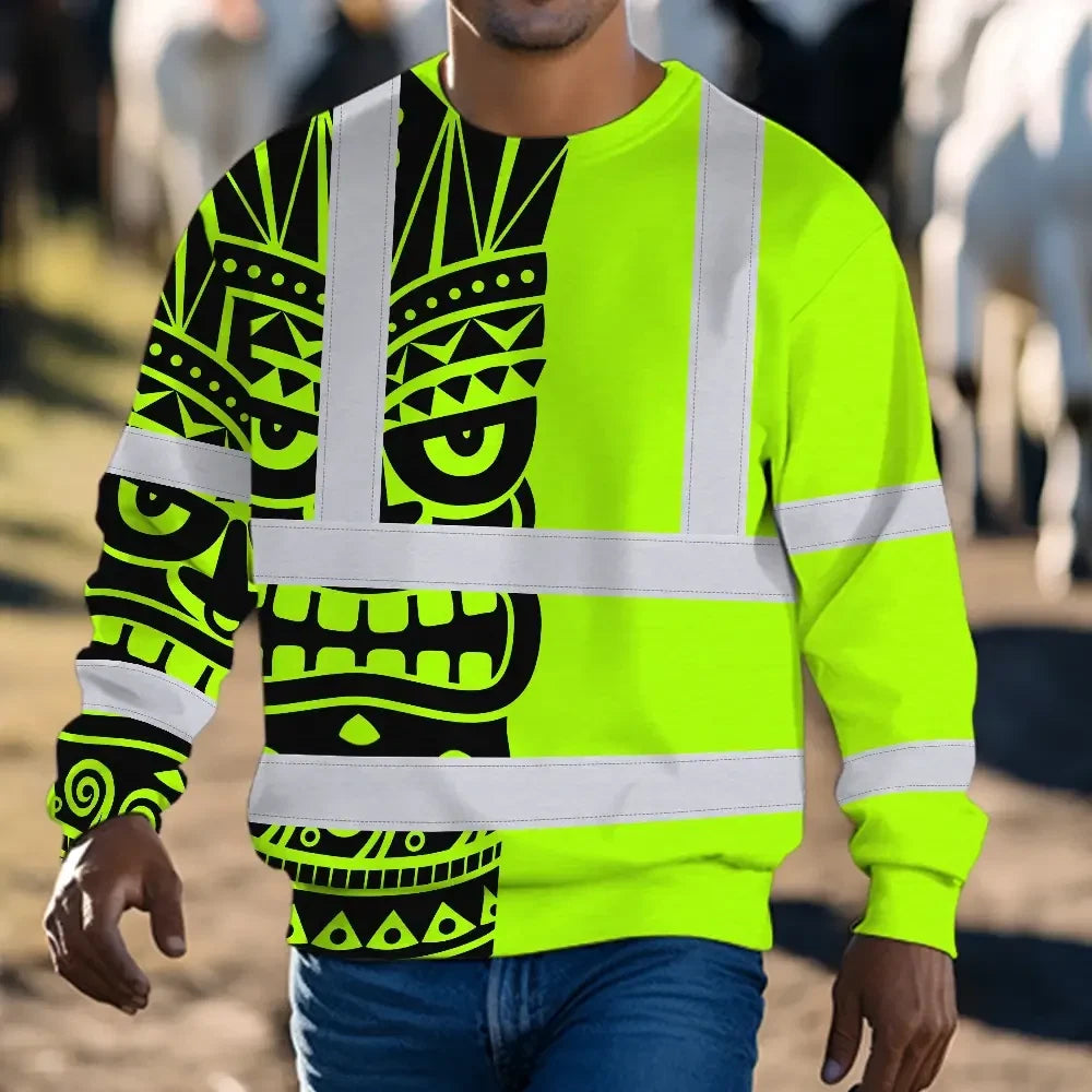 Hi Vis Long Sleeve Shirt Reflective Tapes TiKi Hawaiian Polynesian Tribal Custom Name