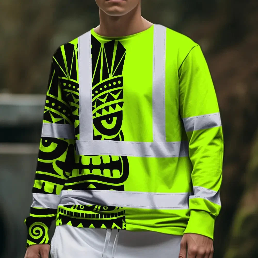 Hi Vis Long Sleeve Shirt Reflective Tapes TiKi Hawaiian Polynesian Tribal Custom Name