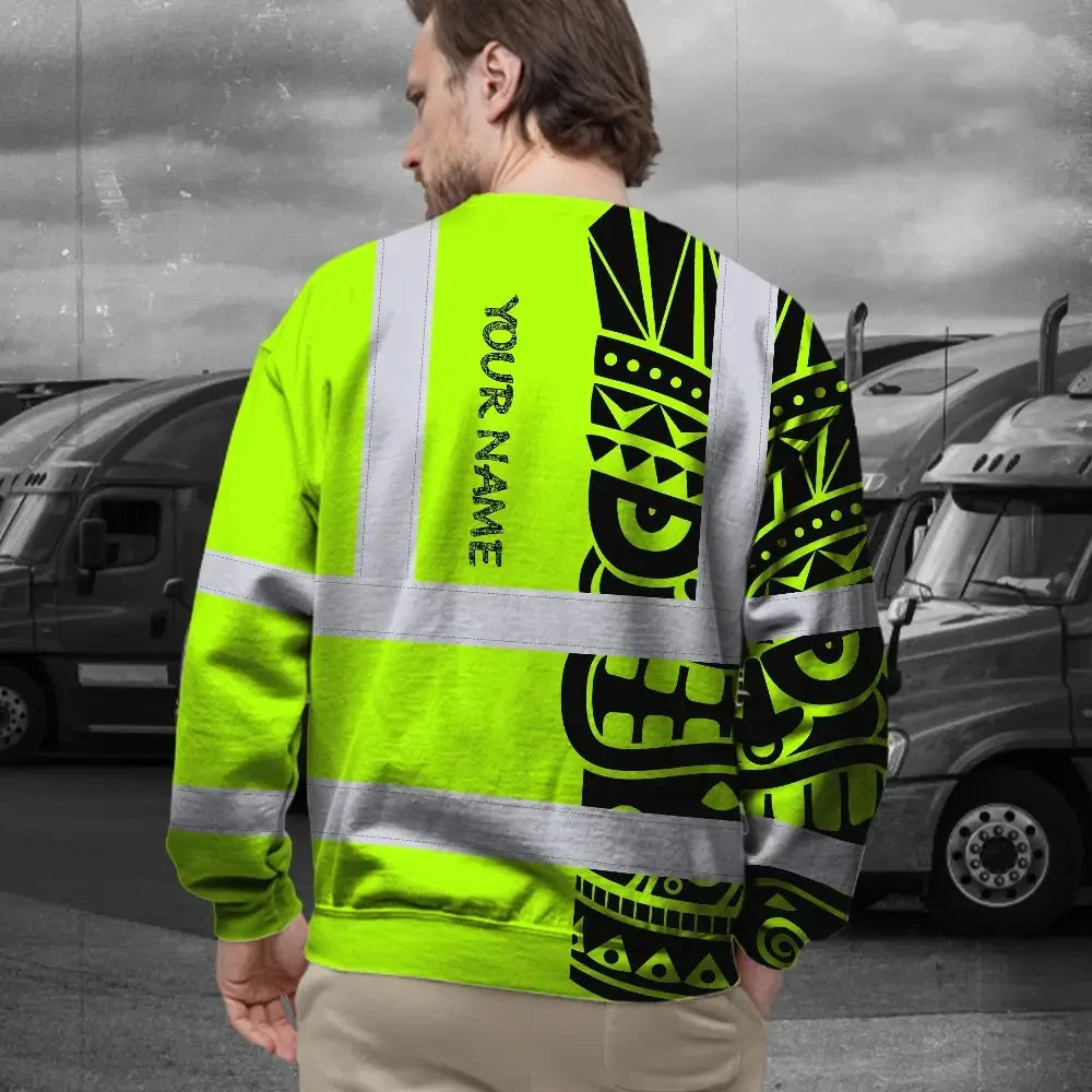 Hi Vis Long Sleeve Shirt Reflective Tapes TiKi Hawaiian Polynesian Tribal Custom Name