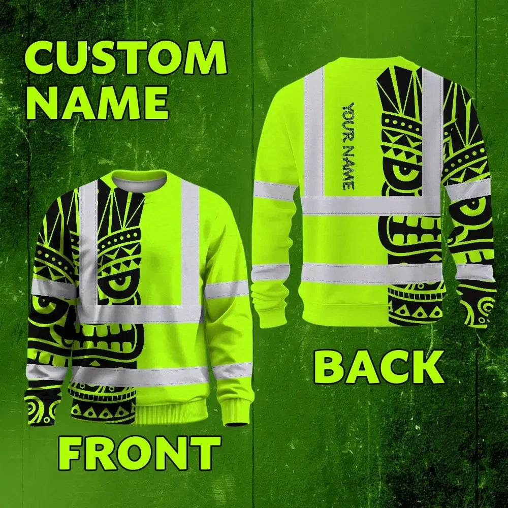 Hi Vis Long Sleeve Shirt Reflective Tapes TiKi Hawaiian Polynesian Tribal Custom Name